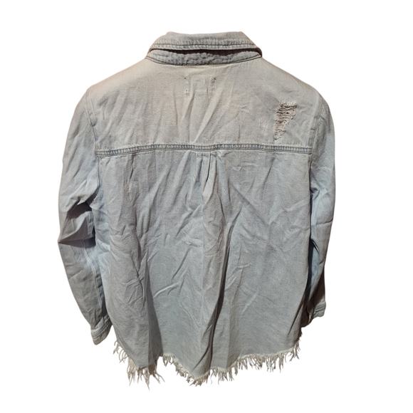 Risen Distressed Fringe Acid Washed Denim Blue Cotton Shirt Jacket Size XLarge - Picture 3 of 8